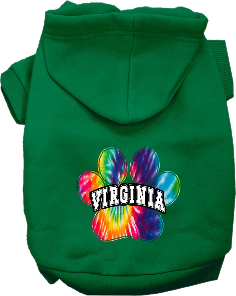 A vibrant Virginia Bright Tie Dye hoodie for small to medium pets, showcasing its soft fabric and convenient leash access hole.