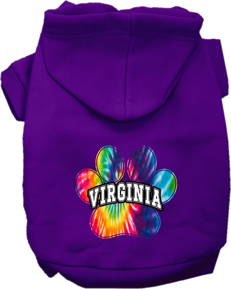 A vibrant Virginia Bright Tie Dye hoodie for small to medium pets, showcasing its soft fabric and convenient leash access hole.