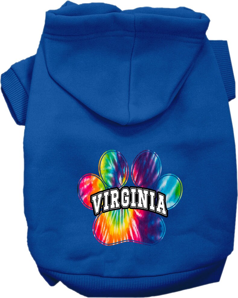 A vibrant Virginia Bright Tie Dye hoodie for small to medium pets, showcasing its soft fabric and convenient leash access hole.