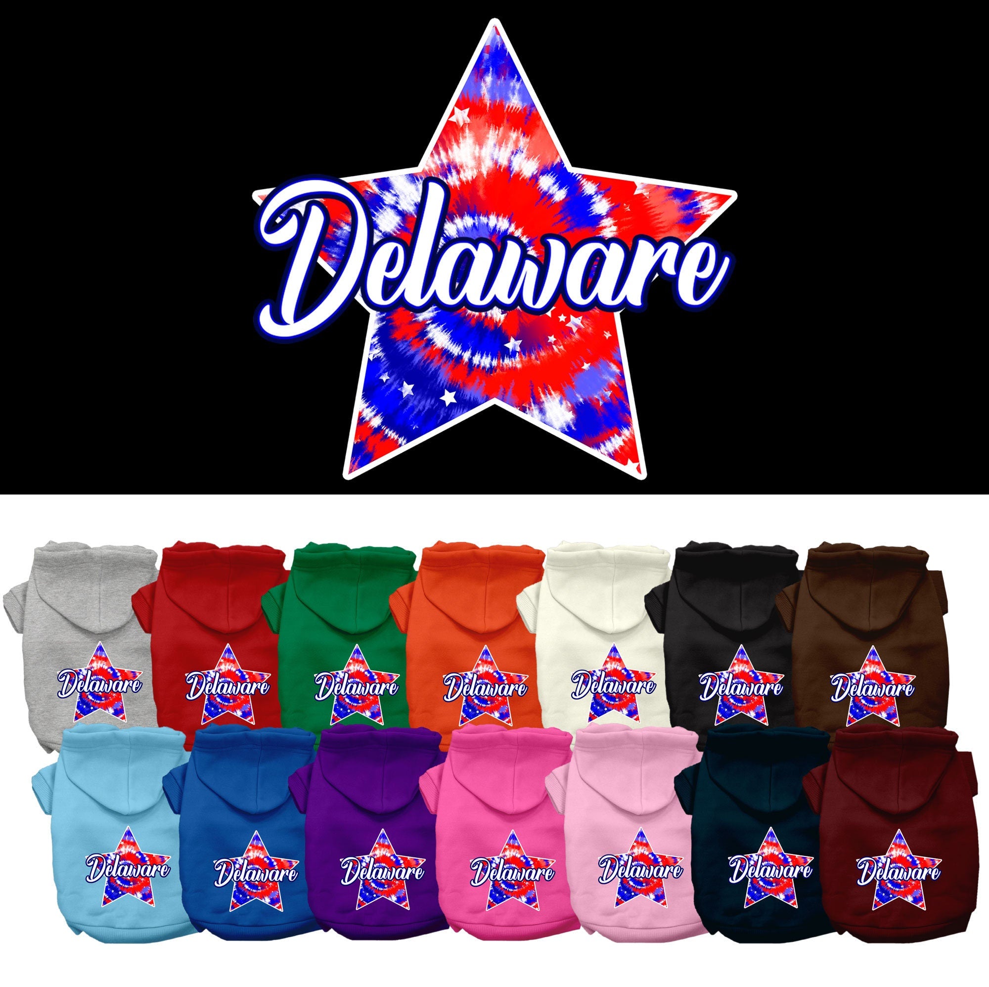 A small to medium pet wearing a Delaware Patriotic Tie Dye hoodie, showcasing its vibrant colors and comfortable fit.