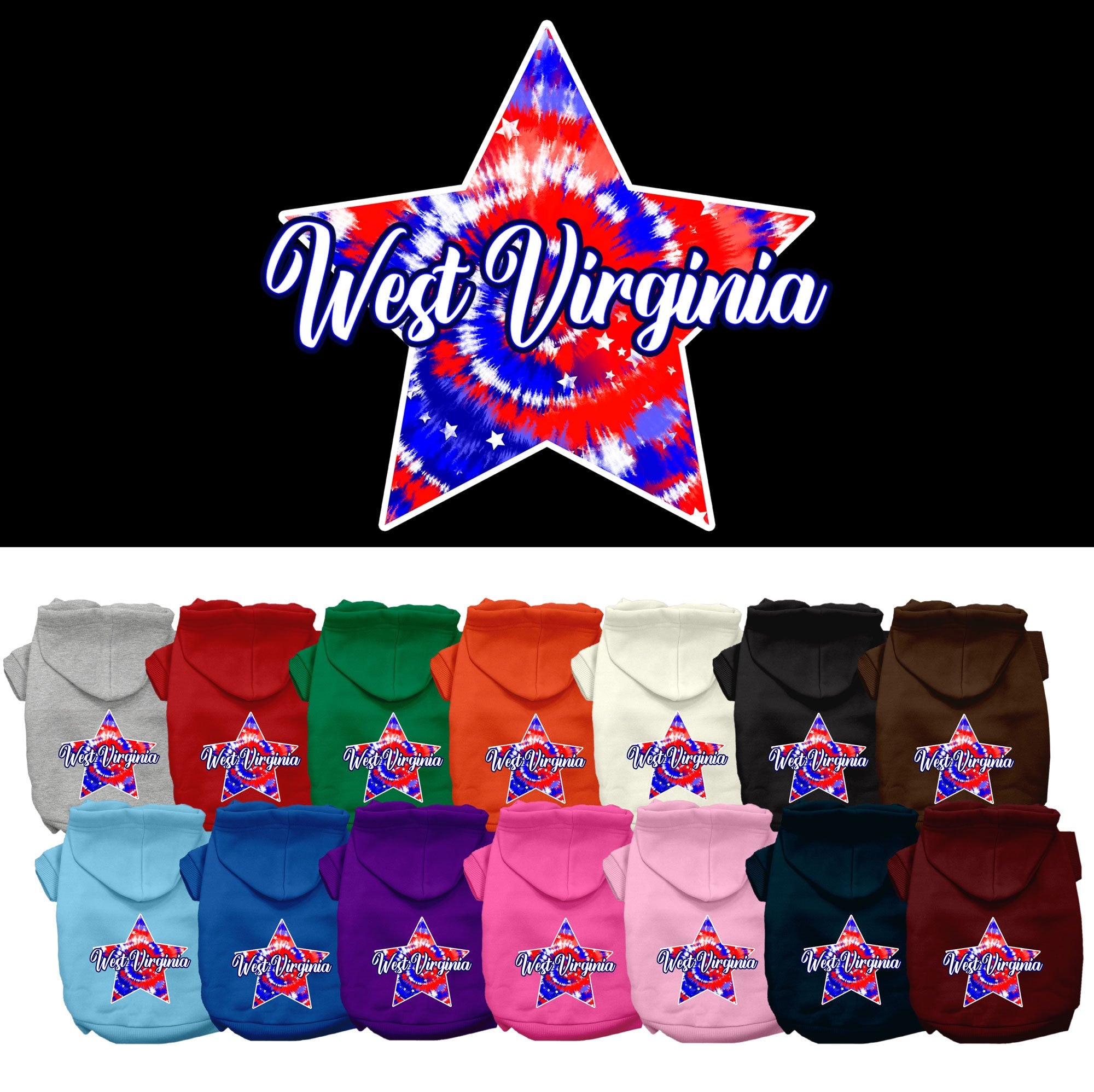 A small to medium pet wearing a West Virginia Patriotic Tie Dye hoodie, showcasing vibrant colors and a comfortable fit.