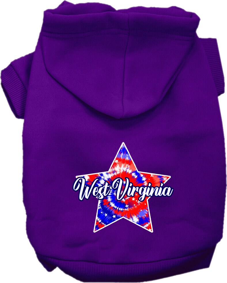A small to medium pet wearing a West Virginia Patriotic Tie Dye hoodie, showcasing vibrant colors and a comfortable fit.