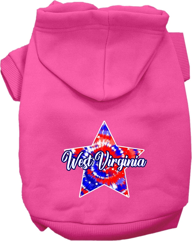 A small to medium pet wearing a West Virginia Patriotic Tie Dye hoodie, showcasing vibrant colors and a comfortable fit.