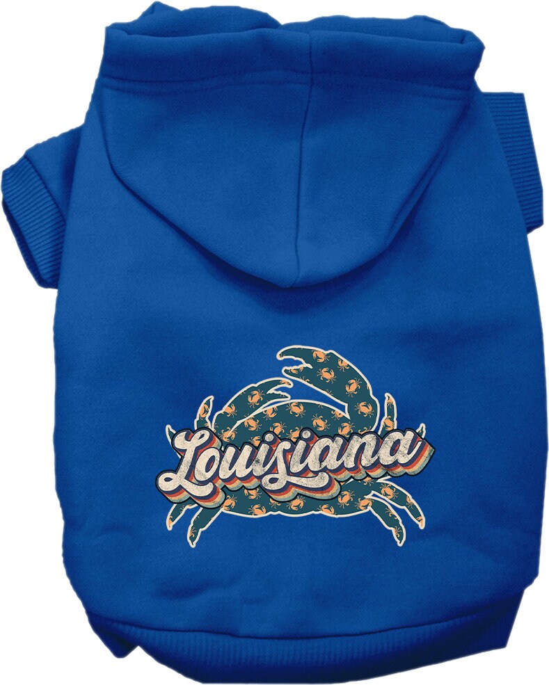 A cozy pet hoodie for small to medium dogs and cats, featuring a Louisiana Retro Crabs design, perfect for stylish outings.