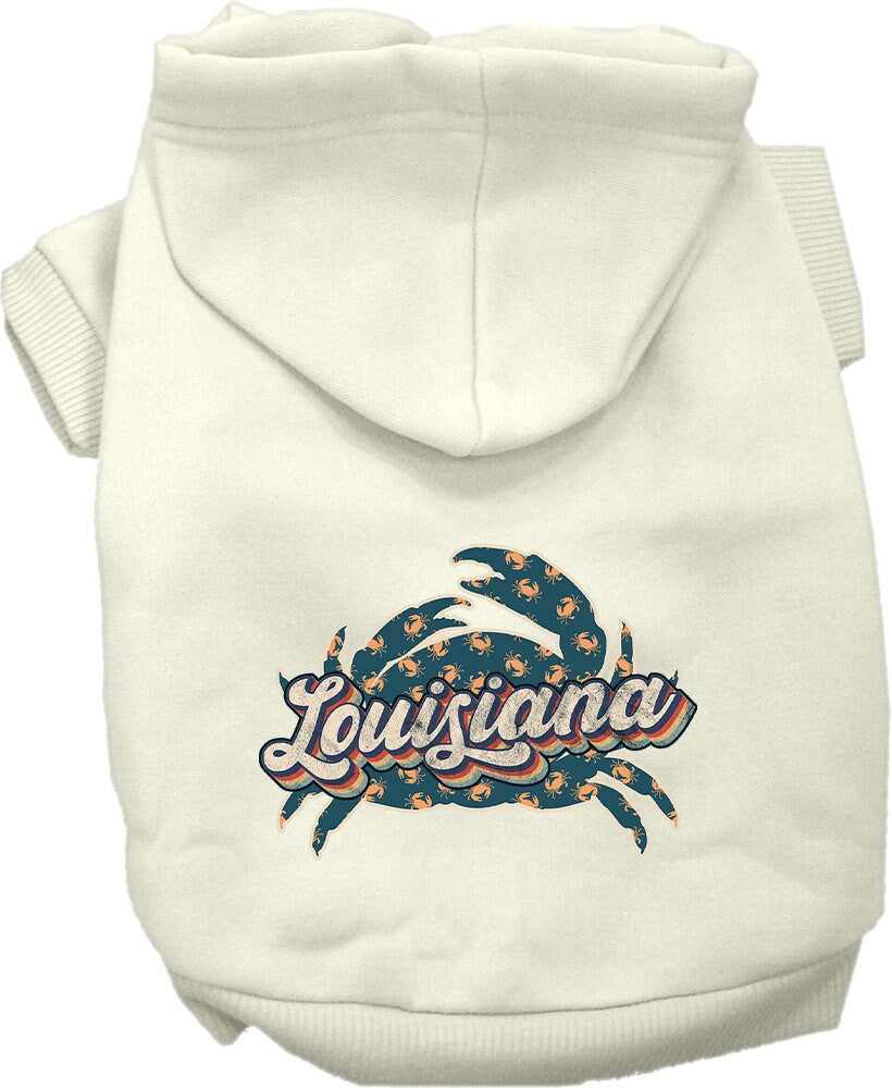 A cozy pet hoodie for small to medium dogs and cats, featuring a Louisiana Retro Crabs design, perfect for stylish outings.