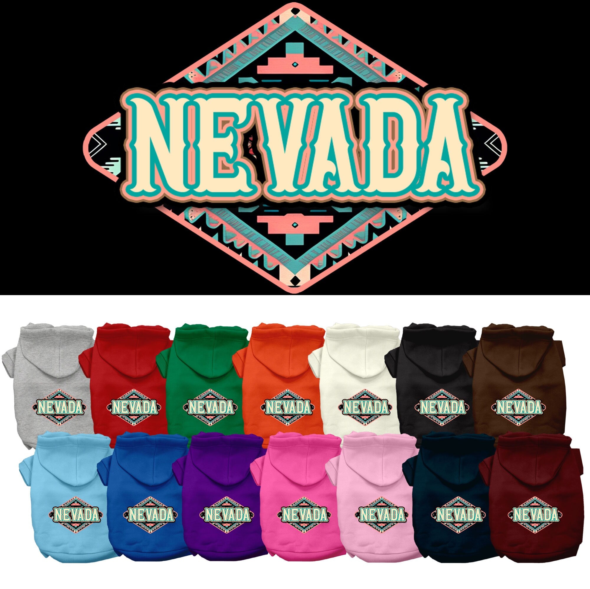 A small to medium pet wearing a stylish screen printed hoodie with a 'Nevada Peach Aztec' design, showcasing its soft fabric and convenient leash access hole.