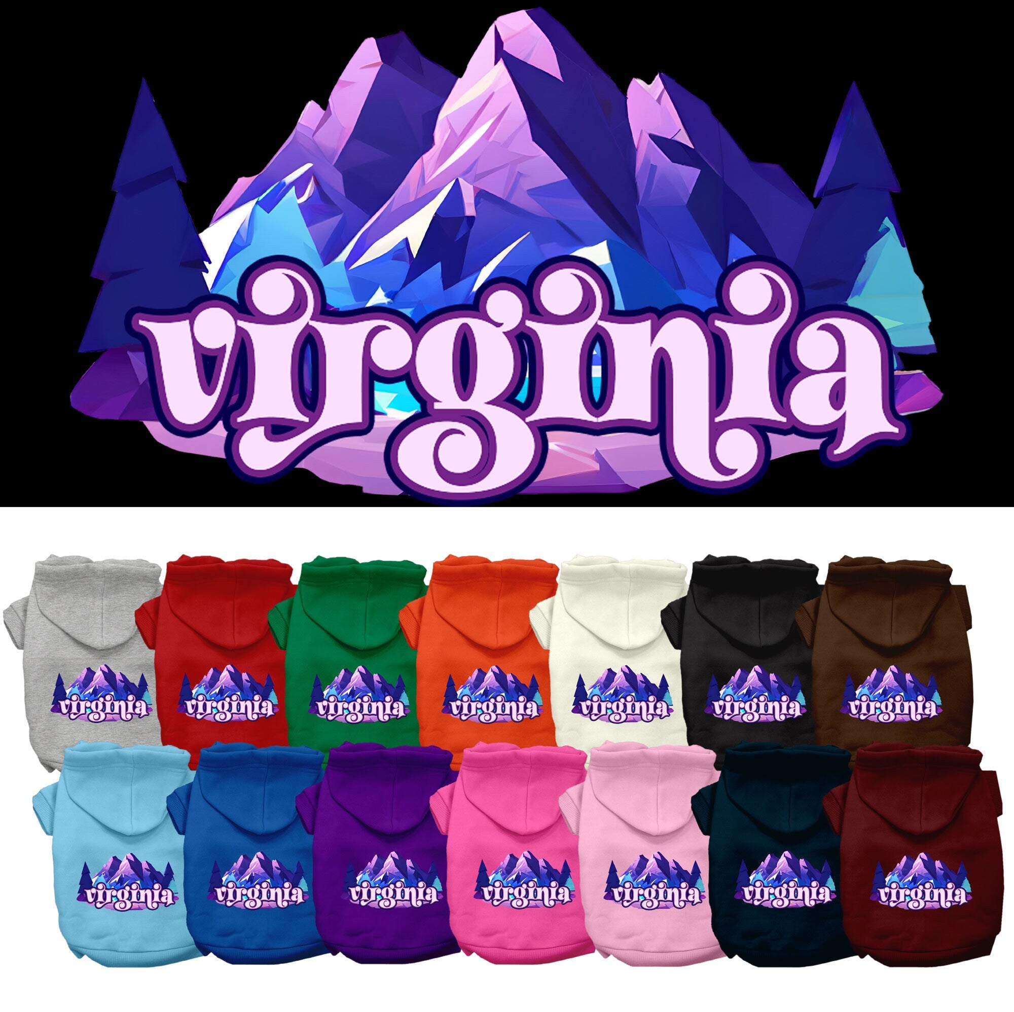 A small to medium pet wearing a cozy screen printed hoodie with a Virginia Alpine Pawscape design, showcasing its soft fabric and convenient leash access.