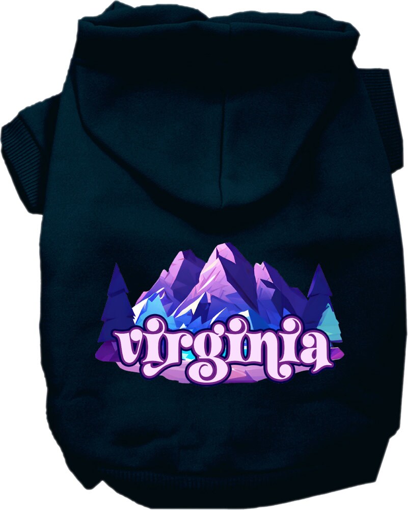 A small to medium pet wearing a cozy screen printed hoodie with a Virginia Alpine Pawscape design, showcasing its soft fabric and convenient leash access.