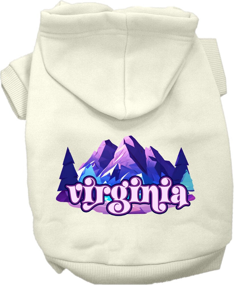 A small to medium pet wearing a cozy screen printed hoodie with a Virginia Alpine Pawscape design, showcasing its soft fabric and convenient leash access.