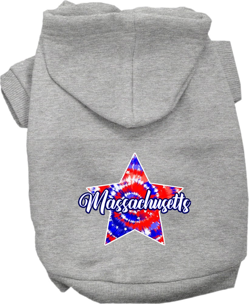 A small to medium pet wearing a Massachusetts Patriotic Tie Dye hoodie, showcasing its vibrant colors and comfortable fit.