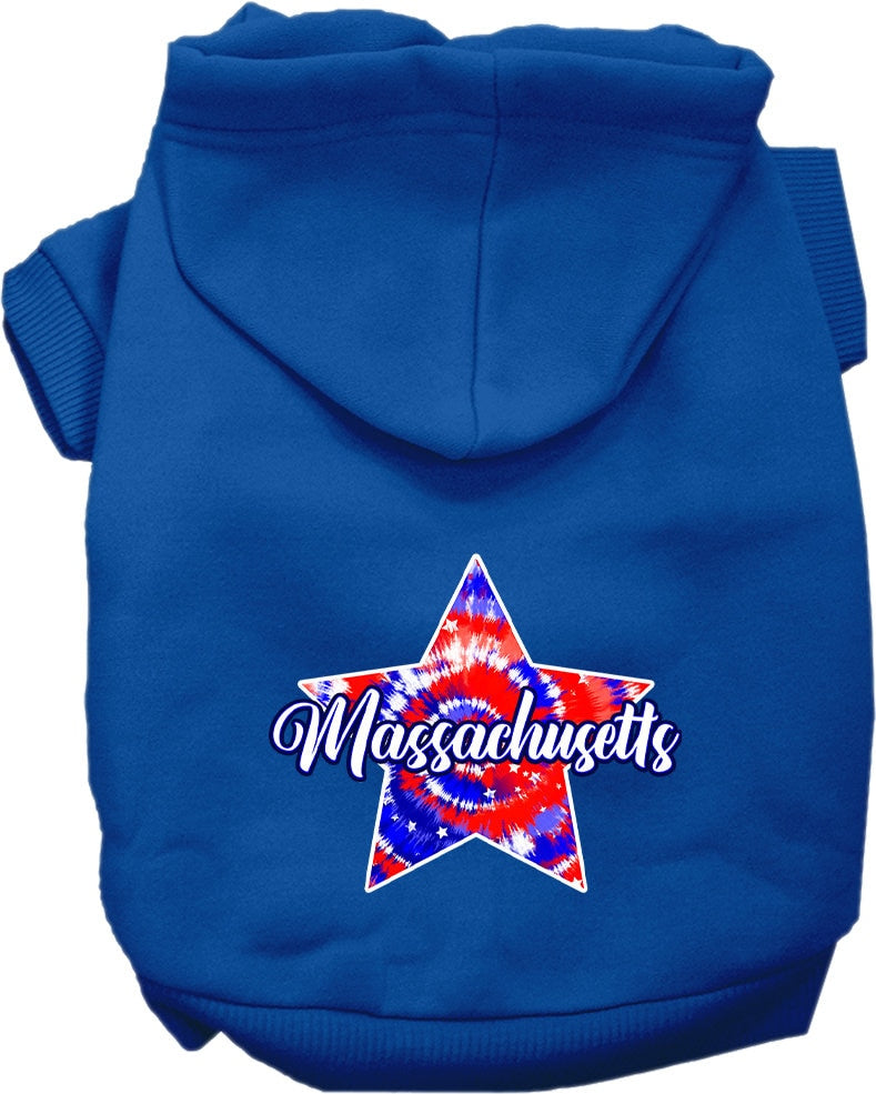 A small to medium pet wearing a Massachusetts Patriotic Tie Dye hoodie, showcasing its vibrant colors and comfortable fit.
