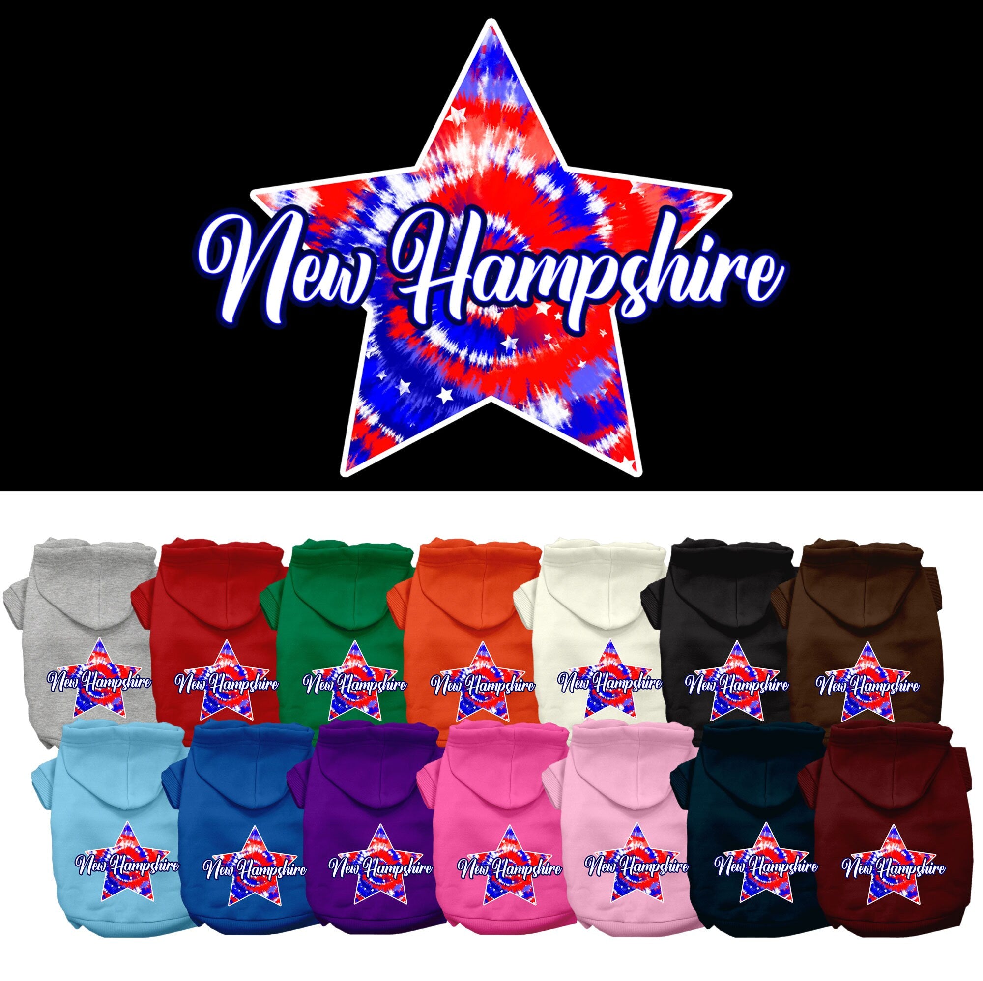 A small to medium pet wearing a New Hampshire Patriotic Tie Dye hoodie, showcasing its vibrant colors and comfortable fit.