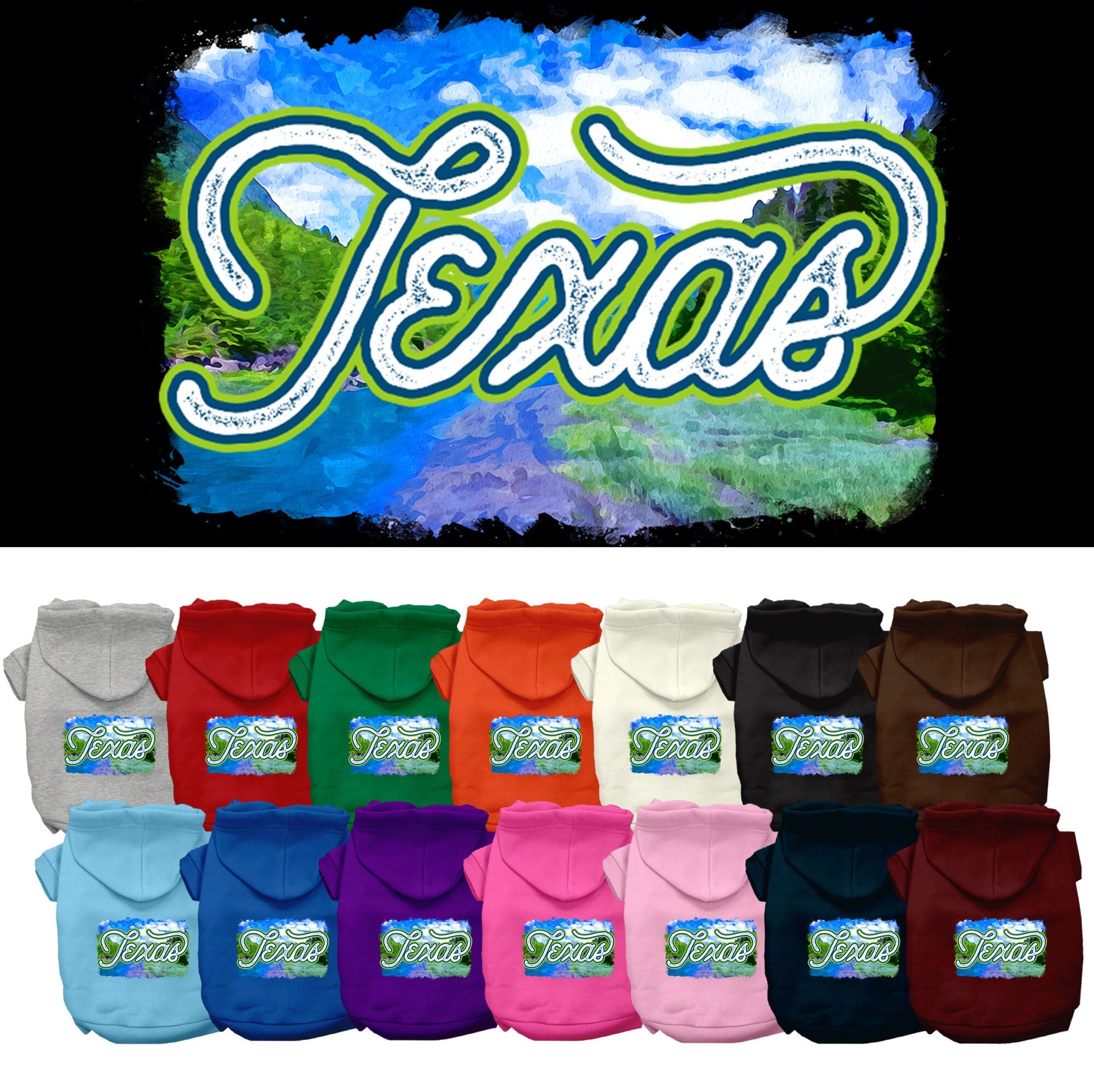 A small to medium pet wearing a stylish screen printed hoodie with a Texas Summer design, showcasing its soft fabric and convenient leash access hole.