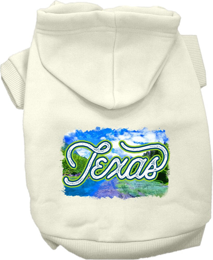 A small to medium pet wearing a stylish screen printed hoodie with a Texas Summer design, showcasing its soft fabric and convenient leash access hole.