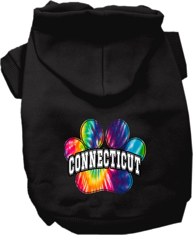 A small to medium pet wearing a colorful Connecticut Bright Tie Dye hoodie, showcasing its soft fabric and convenient leash access hole.