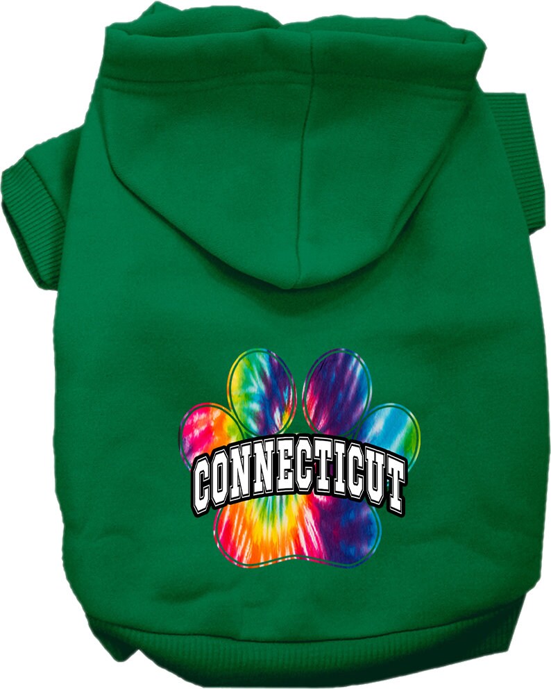 A small to medium pet wearing a colorful Connecticut Bright Tie Dye hoodie, showcasing its soft fabric and convenient leash access hole.