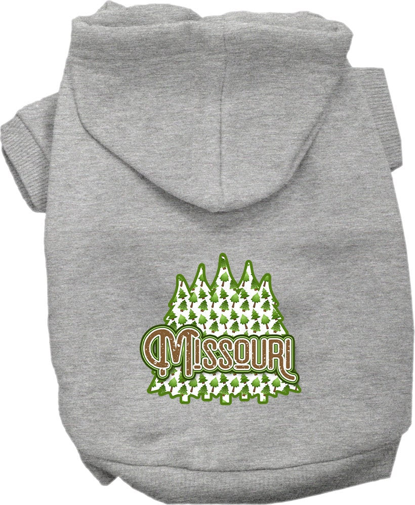 A cozy screen printed hoodie for small to medium pets featuring Missouri Woodland Trees design, perfect for dogs and cats.