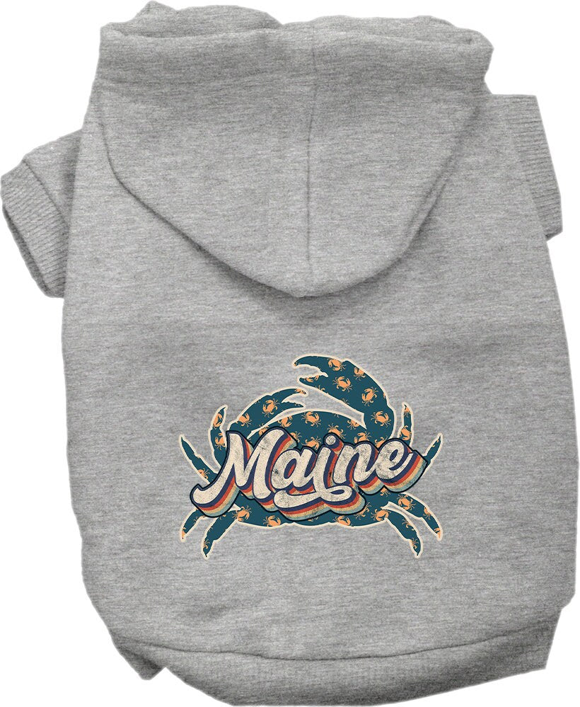 A cozy screen printed hoodie for small to medium pets featuring a Maine Retro Crabs design, perfect for dogs and cats.