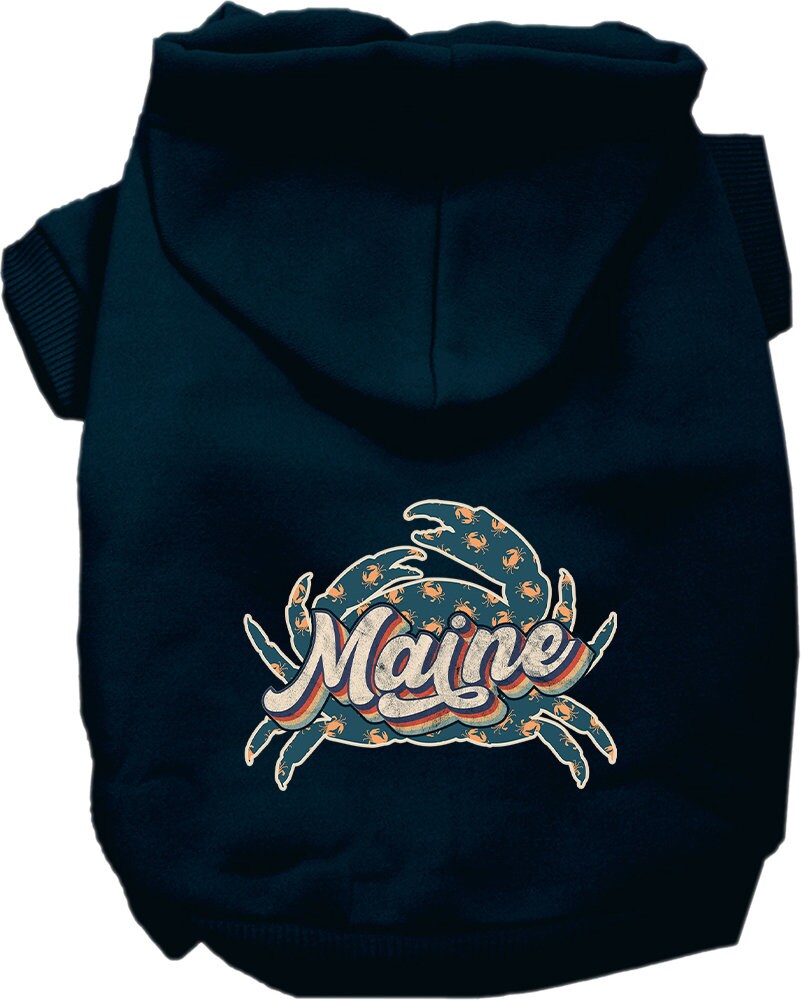 A cozy screen printed hoodie for small to medium pets featuring a Maine Retro Crabs design, perfect for dogs and cats.