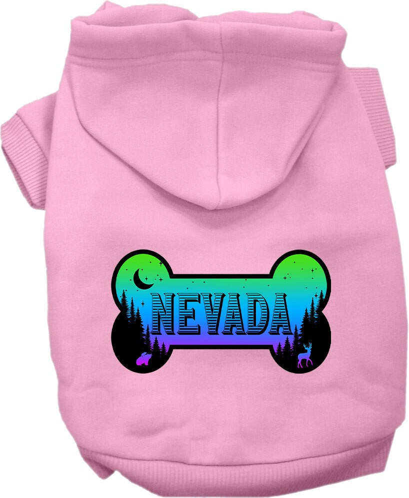 A cozy screen printed hoodie for small to medium pets, featuring a stylish Nevada Mountain Shades design, perfect for dogs and cats.