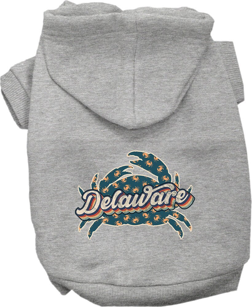 A cozy screen printed hoodie for small to medium pets featuring a Delaware Retro Crabs design, perfect for dogs and cats.