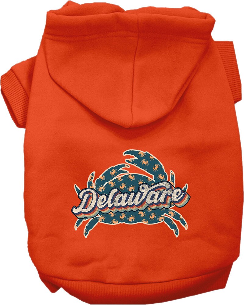 A cozy screen printed hoodie for small to medium pets featuring a Delaware Retro Crabs design, perfect for dogs and cats.