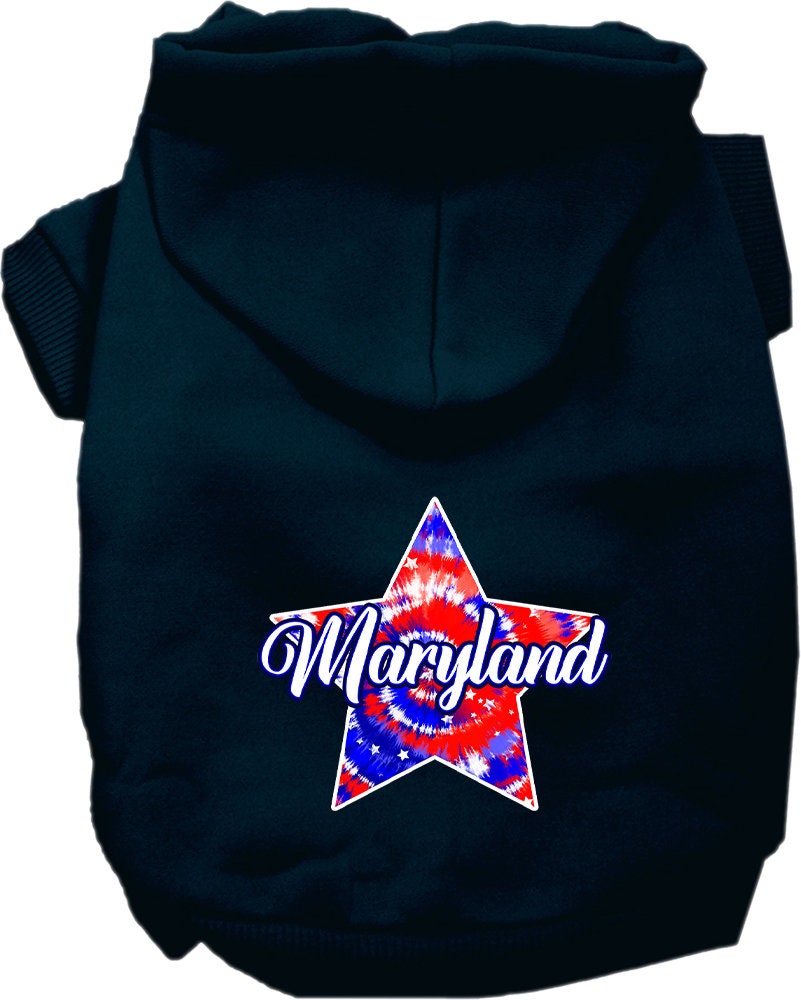 A small to medium pet wearing a Maryland Patriotic Tie Dye hoodie, showcasing vibrant colors and a comfortable fit.