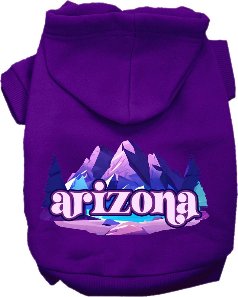 A cozy screen printed hoodie for small to medium pets, featuring the Arizona Alpine Pawscape design, perfect for dogs and cats.