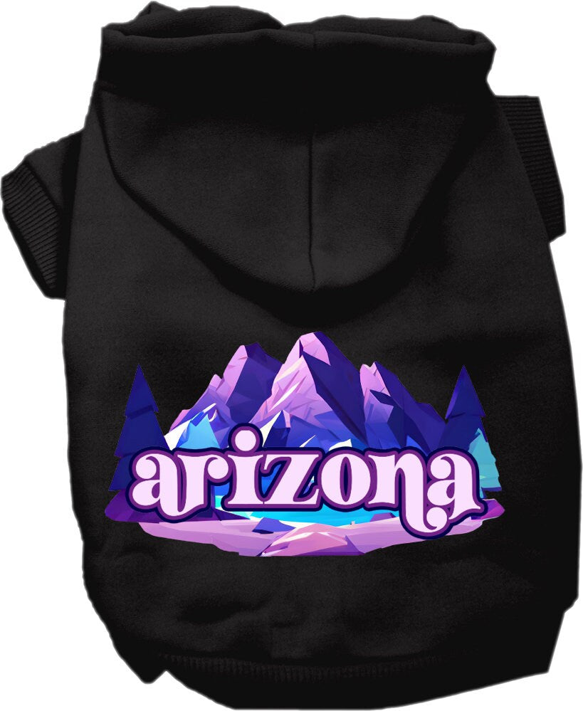 A cozy screen printed hoodie for small to medium pets, featuring the Arizona Alpine Pawscape design, perfect for dogs and cats.