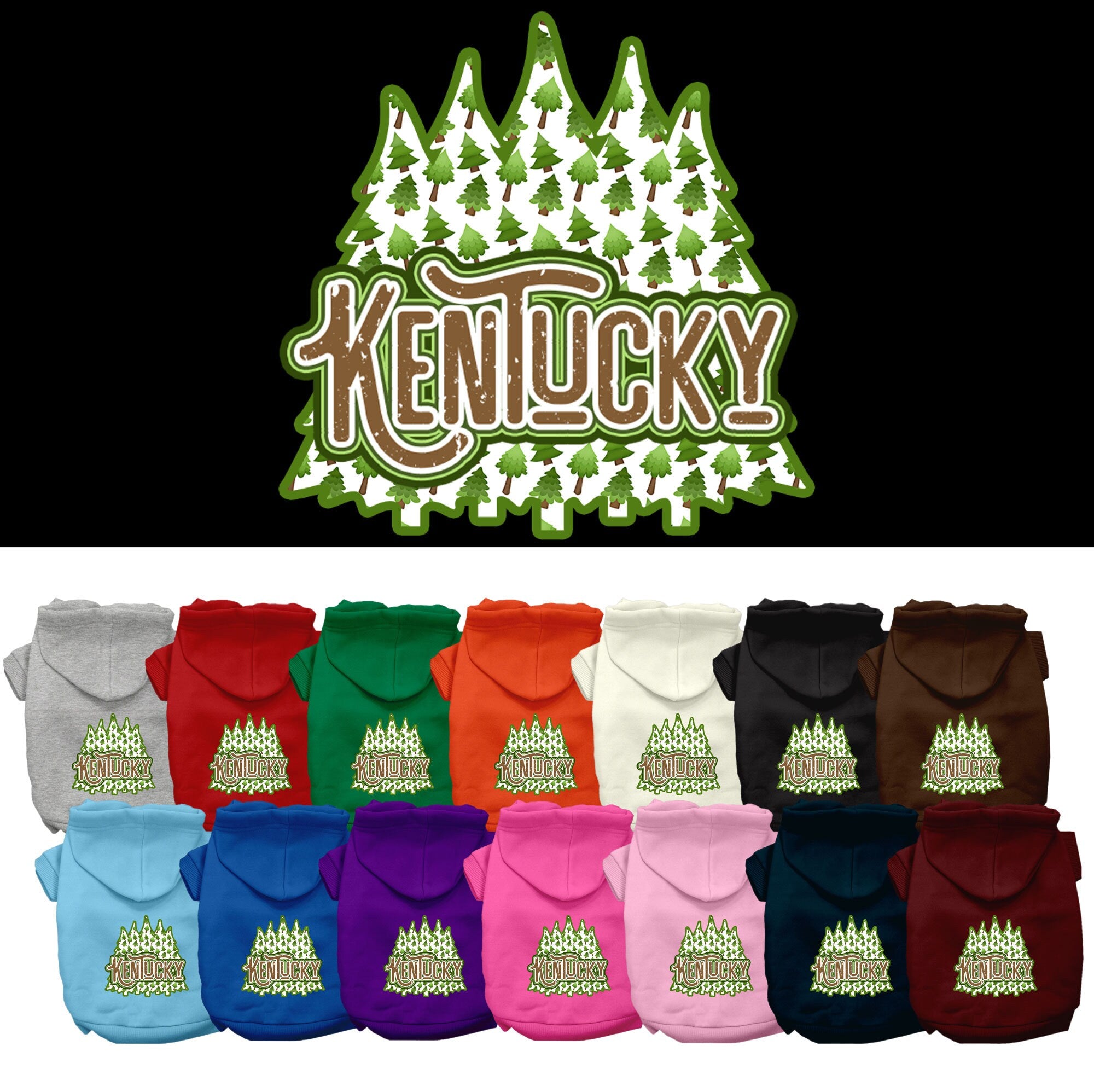 A small to medium pet wearing a Kentucky Woodland Trees printed hoodie, showcasing its soft fabric and convenient leash access hole.