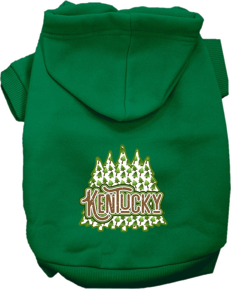 A small to medium pet wearing a Kentucky Woodland Trees printed hoodie, showcasing its soft fabric and convenient leash access hole.