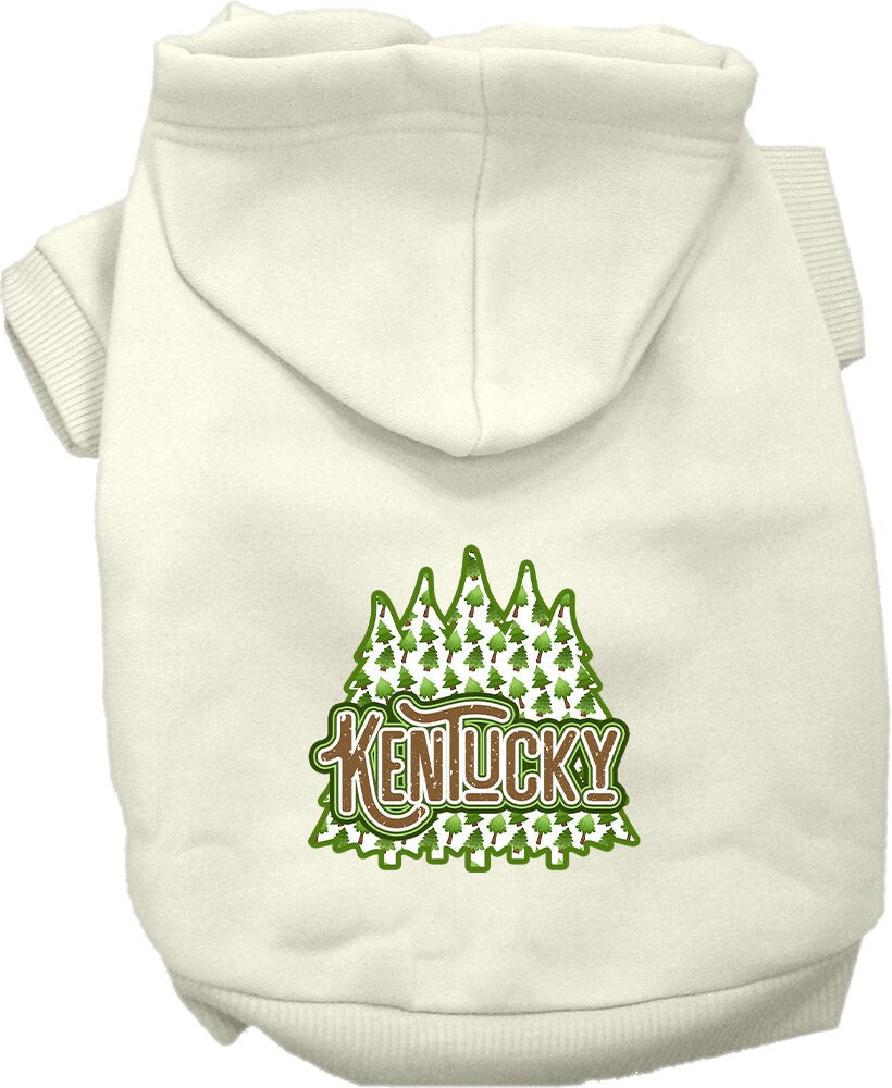 A small to medium pet wearing a Kentucky Woodland Trees printed hoodie, showcasing its soft fabric and convenient leash access hole.