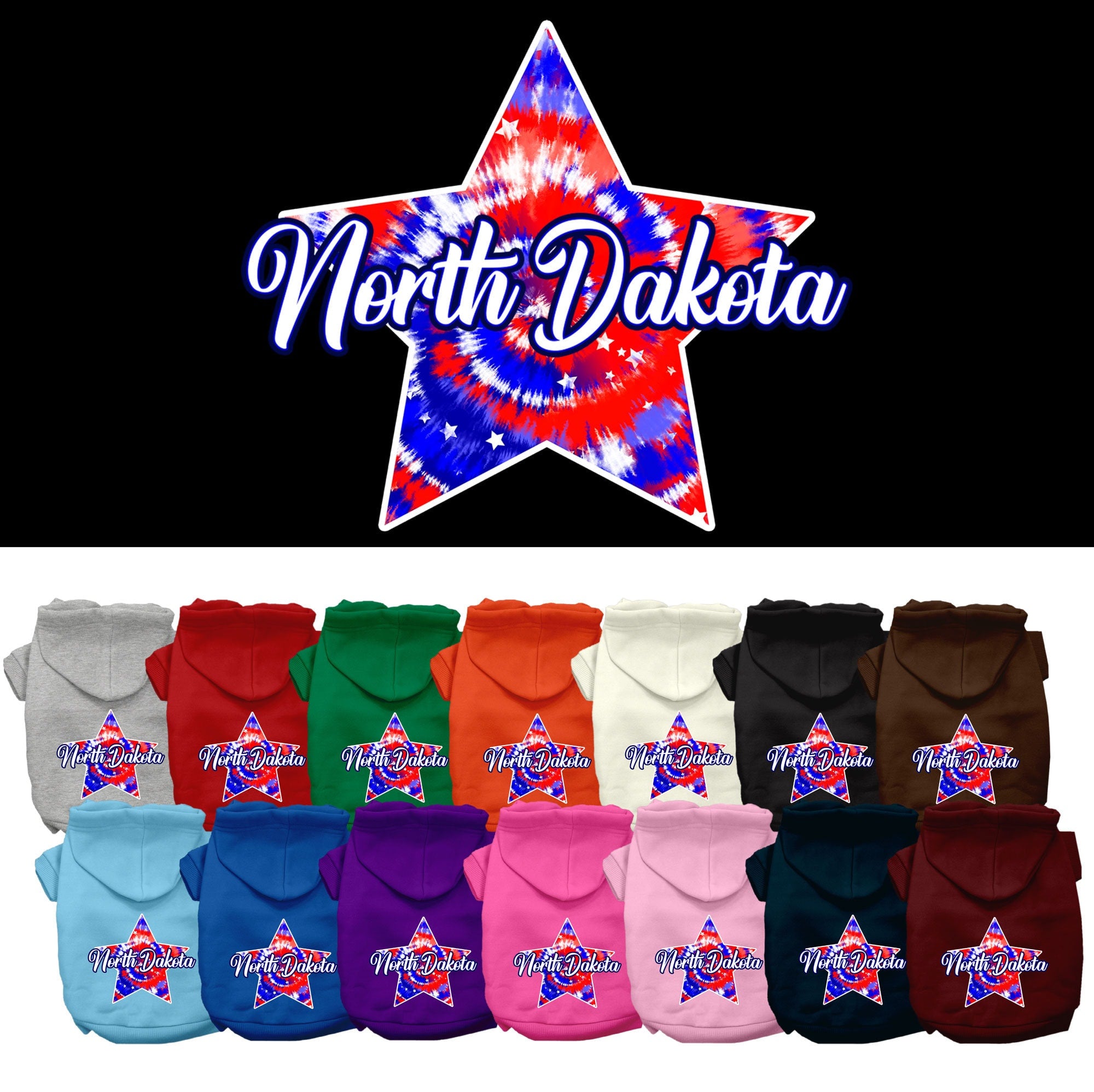 A small to medium pet wearing a North Dakota Patriotic Tie Dye hoodie, showcasing vibrant colors and a cozy fit.