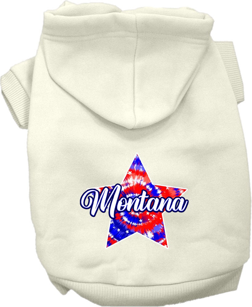 A small to medium pet wearing a Montana Patriotic Tie Dye hoodie, showcasing vibrant colors and a comfortable fit.