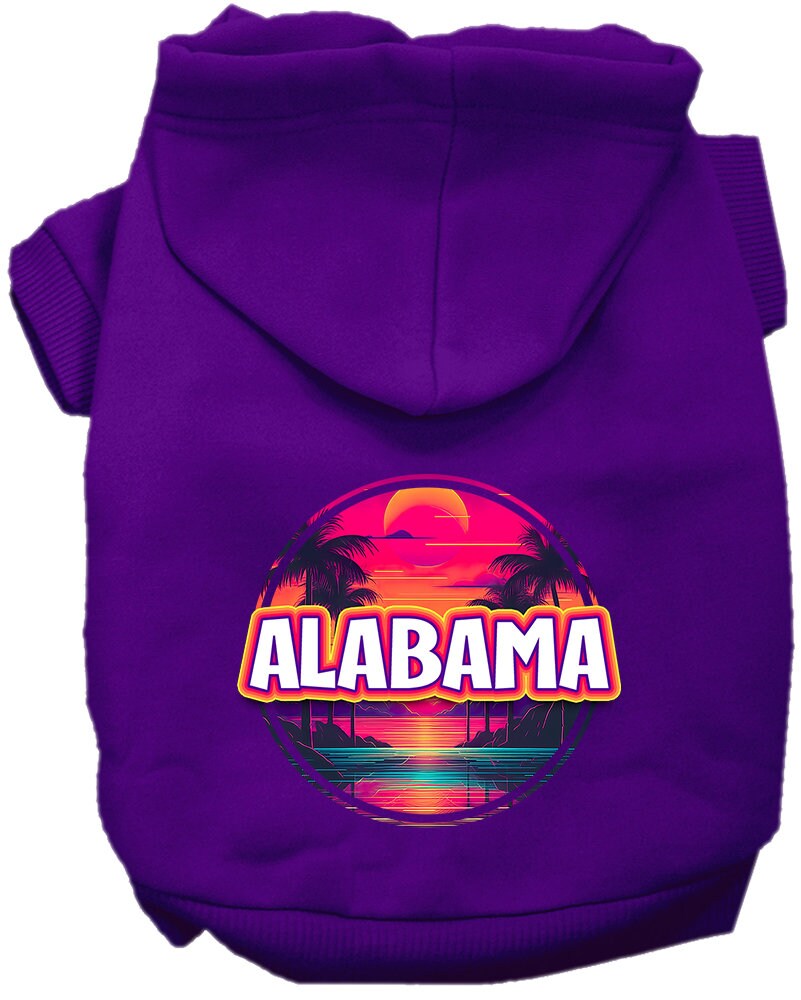 A small to medium pet wearing a vibrant Alabama Neon Beach Sunset hoodie, showcasing its soft fabric and stylish design.