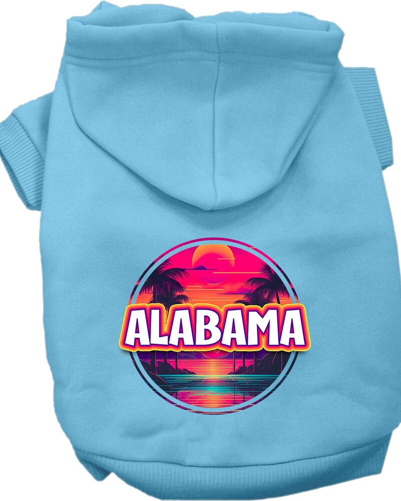 A small to medium pet wearing a vibrant Alabama Neon Beach Sunset hoodie, showcasing its soft fabric and stylish design.