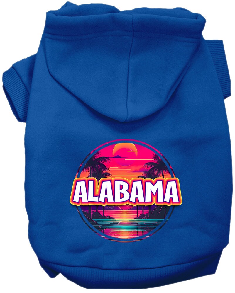 A small to medium pet wearing a vibrant Alabama Neon Beach Sunset hoodie, showcasing its soft fabric and stylish design.