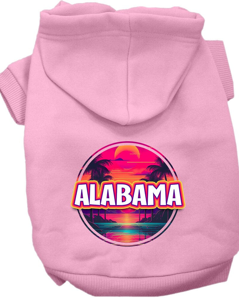 A small to medium pet wearing a vibrant Alabama Neon Beach Sunset hoodie, showcasing its soft fabric and stylish design.