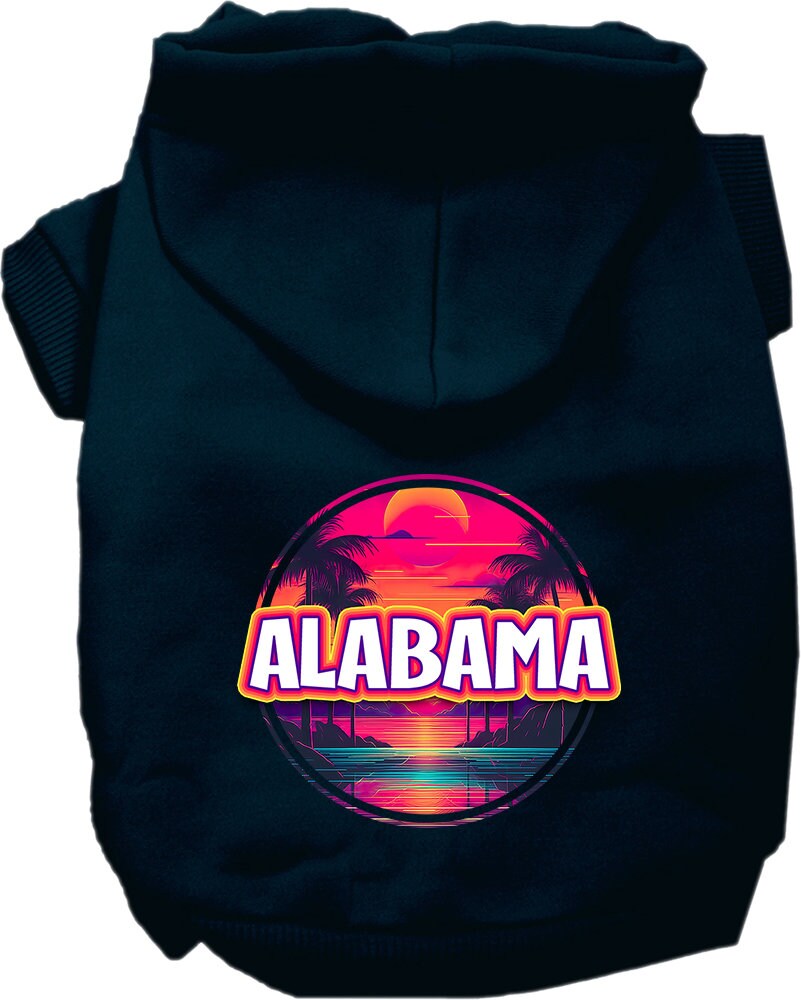 A small to medium pet wearing a vibrant Alabama Neon Beach Sunset hoodie, showcasing its soft fabric and stylish design.