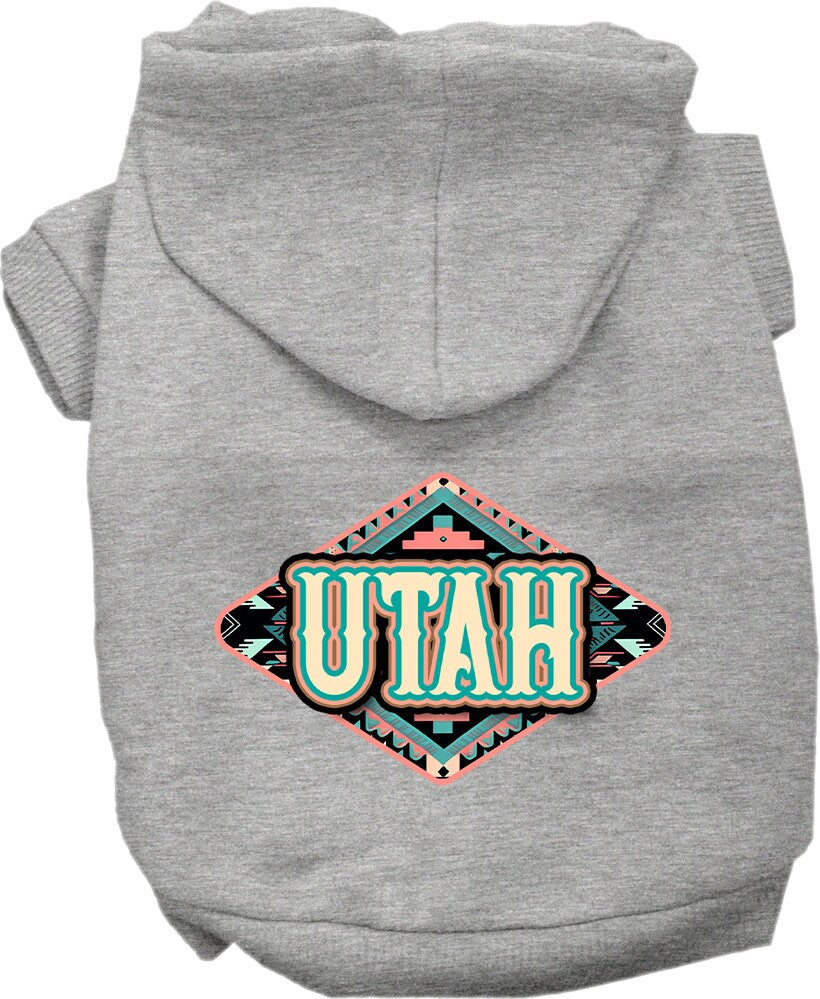 A cozy screen printed hoodie for small to medium pets, featuring a Utah Peach Aztec design, perfect for dogs and cats.
