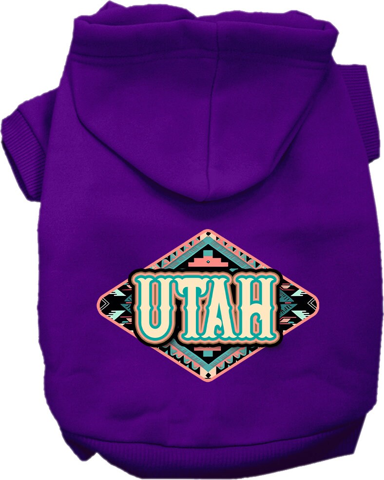 A cozy screen printed hoodie for small to medium pets, featuring a Utah Peach Aztec design, perfect for dogs and cats.