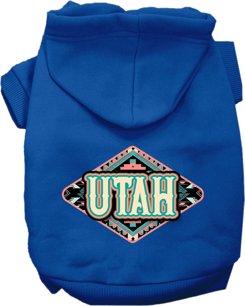 A cozy screen printed hoodie for small to medium pets, featuring a Utah Peach Aztec design, perfect for dogs and cats.