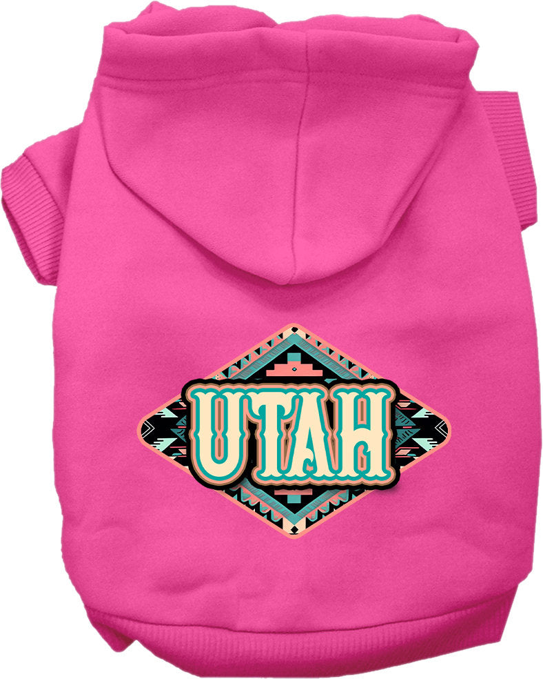A cozy screen printed hoodie for small to medium pets, featuring a Utah Peach Aztec design, perfect for dogs and cats.