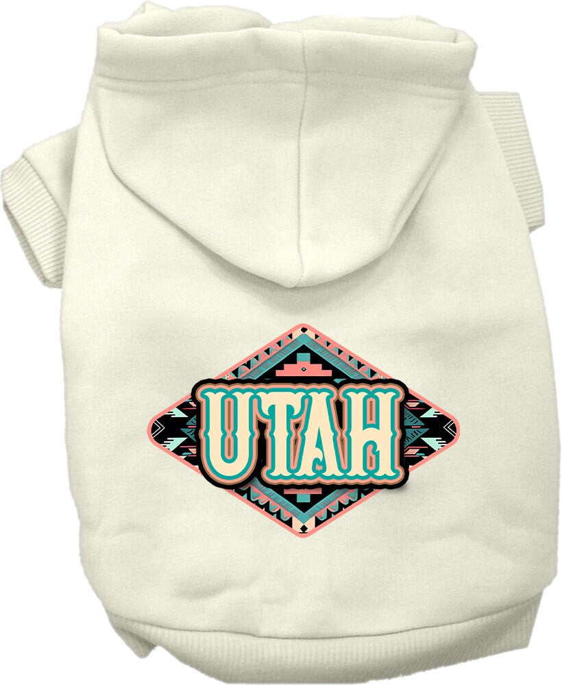 A cozy screen printed hoodie for small to medium pets, featuring a Utah Peach Aztec design, perfect for dogs and cats.