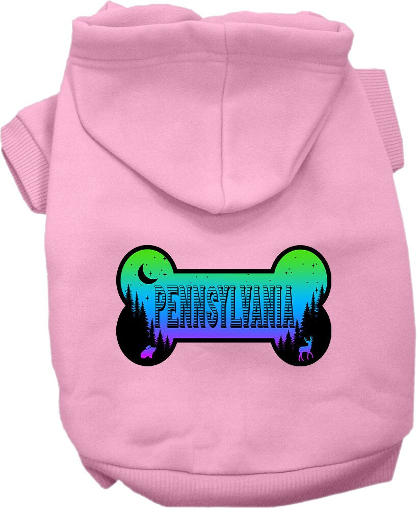A cozy screen printed hoodie for small to medium pets, featuring a stylish 'Pennsylvania Mountain Shades' design, perfect for dogs and cats.
