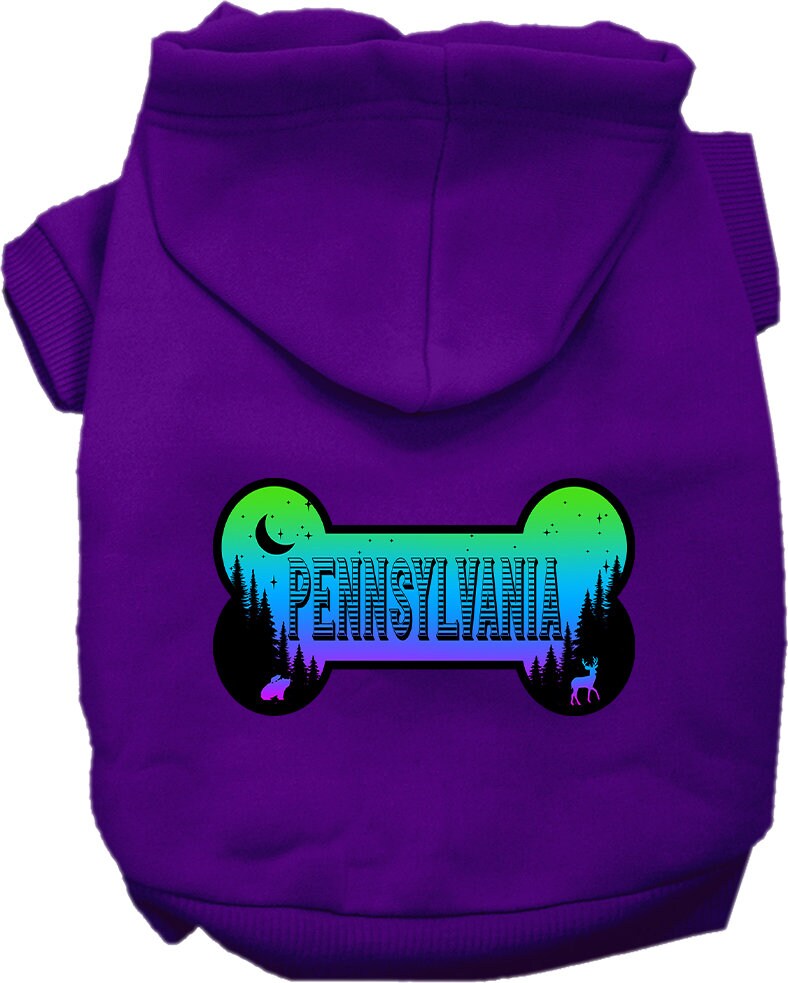 A cozy screen printed hoodie for small to medium pets, featuring a stylish 'Pennsylvania Mountain Shades' design, perfect for dogs and cats.