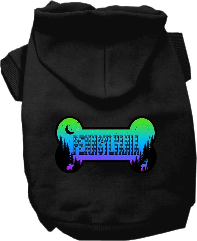 A cozy screen printed hoodie for small to medium pets, featuring a stylish 'Pennsylvania Mountain Shades' design, perfect for dogs and cats.