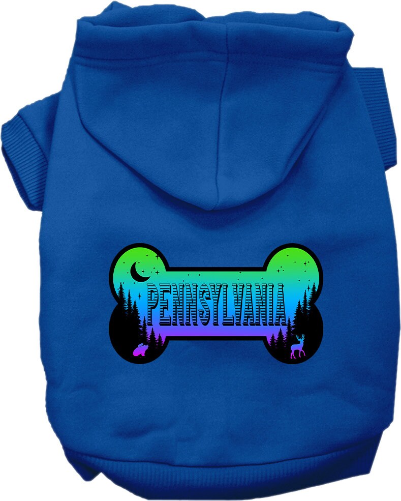 A cozy screen printed hoodie for small to medium pets, featuring a stylish 'Pennsylvania Mountain Shades' design, perfect for dogs and cats.