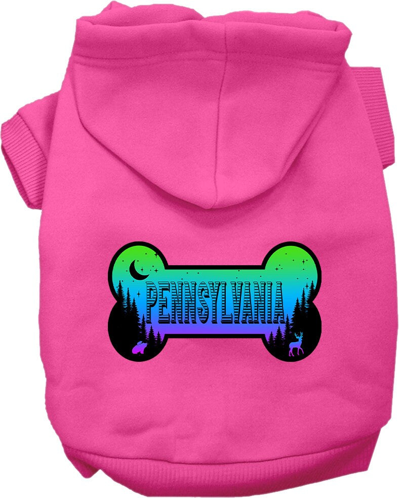A cozy screen printed hoodie for small to medium pets, featuring a stylish 'Pennsylvania Mountain Shades' design, perfect for dogs and cats.
