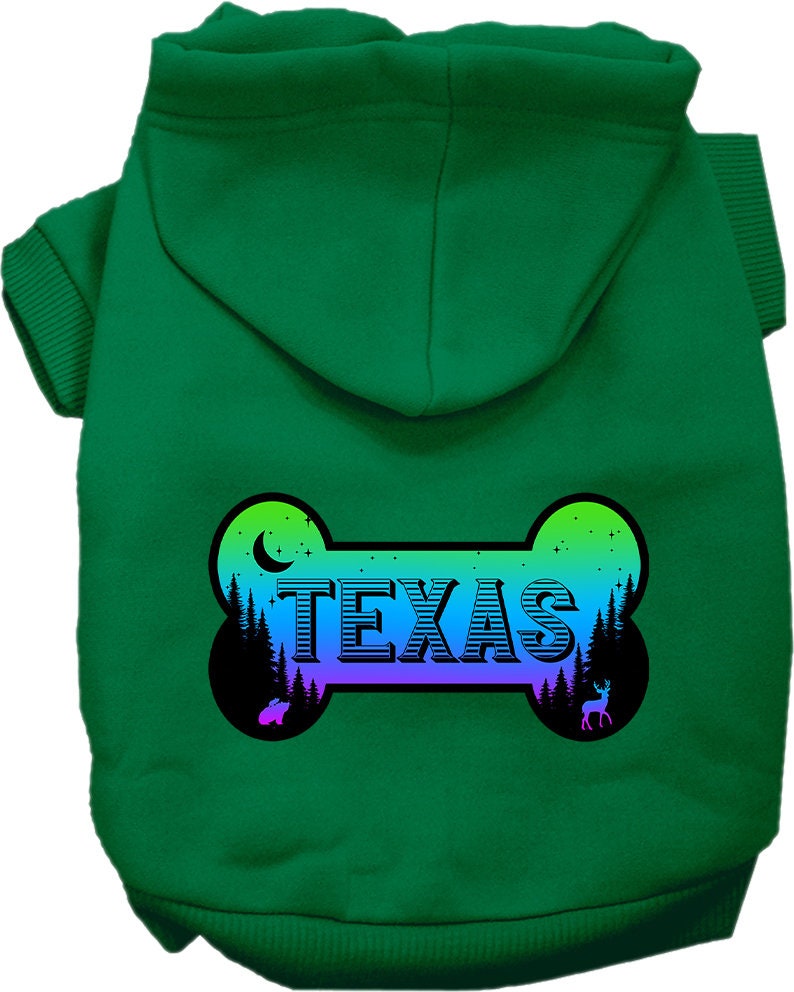 A cozy screen printed hoodie for small to medium pets, featuring a stylish design and a convenient leash access hole.
